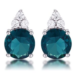Simple Rhodium Plated 9mm Blue Green CZ Stud Earring