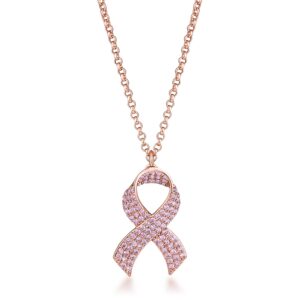 Rose Plated Pink CZ Pave Ribbon Necklace