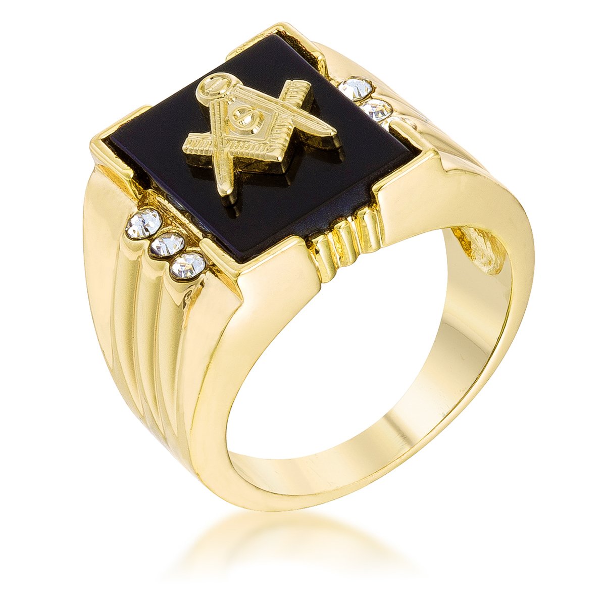 Goldtone Onyx Masonic Ring with CZ Accents Goldtone Onyx Masonic Ring with CZ Accents