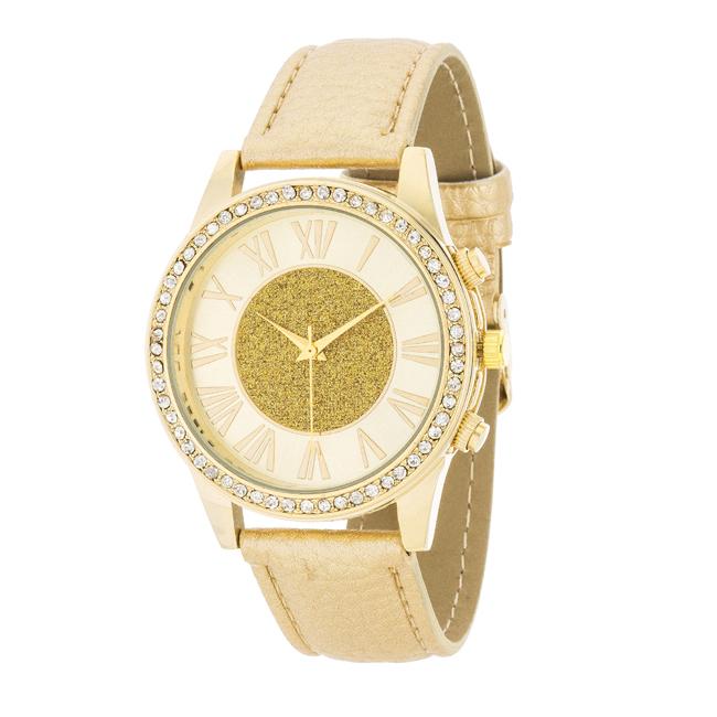 Shira Crystal Leather Watch With Gold Leather Strap Shira Crystal Leather Watch With Gold Leather Strap